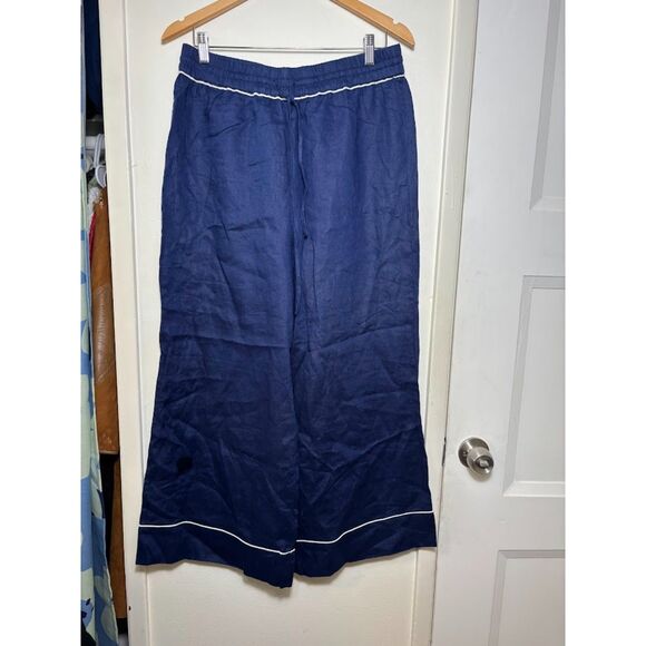 Hill House Tuckernuck Skylar Pants Women's Large Navy Blue NWT Linen Wide Leg - Picture 2 of 7